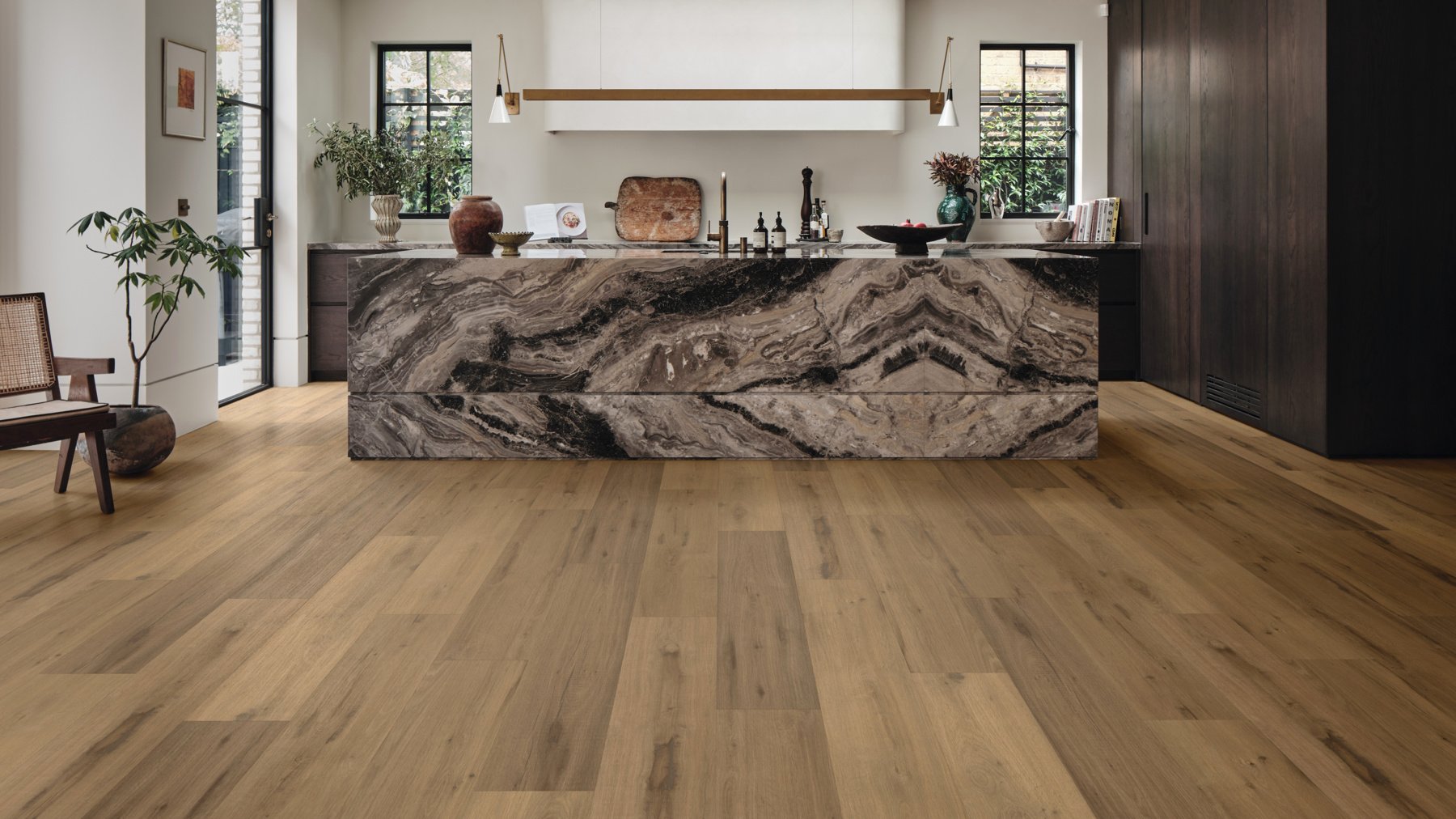 Vermeer Oak gluedown lvp floors in an upscale kitchen