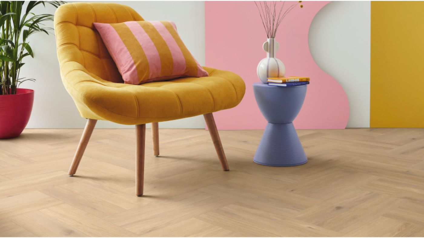 Karndean Canadian nude oak herringbone wood flooring in a living room