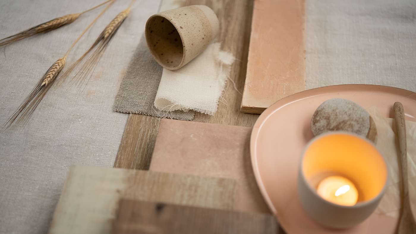 samples moodboard with flooring samples and other interior design samples