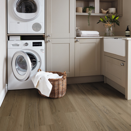 Duxbury Acacia dark brown lvt flooring laid in a utility